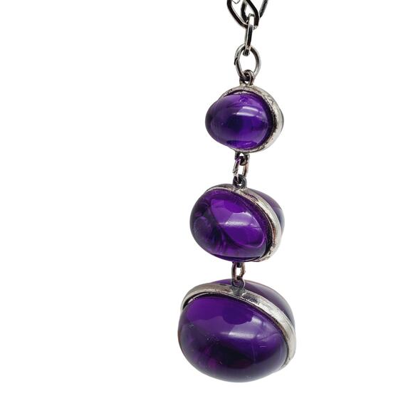 Modernist Purple Lucite Drop Necklace Acrylic Pendant Silver Tone Chain 33"l MCM - Picture 1 of 11